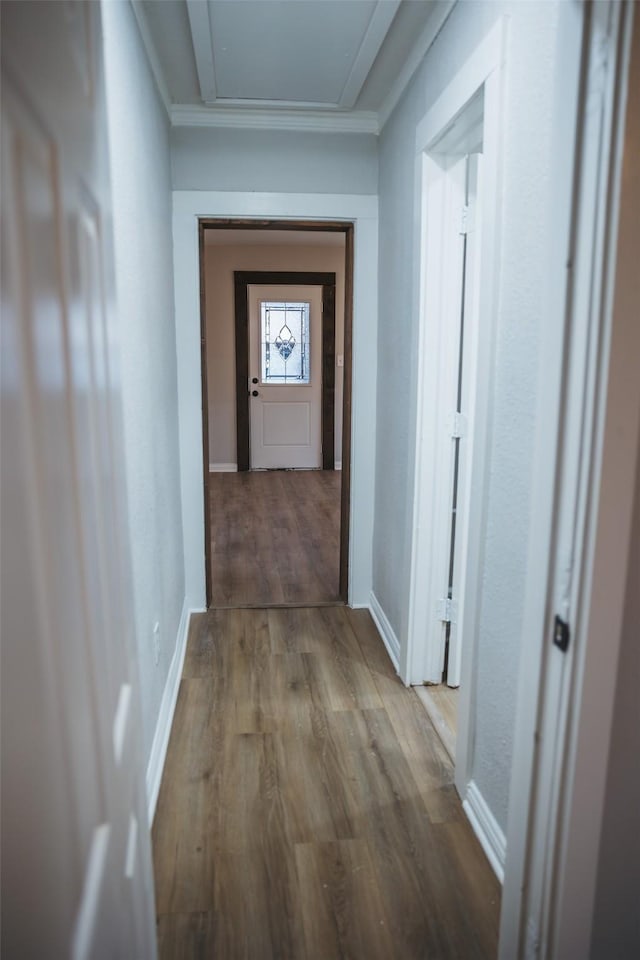 hallway with wood finished floors, baseboards, and ornamental molding