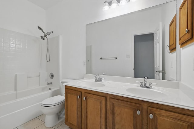 full bathroom with tile patterned flooring, double vanity, toilet, and a sink