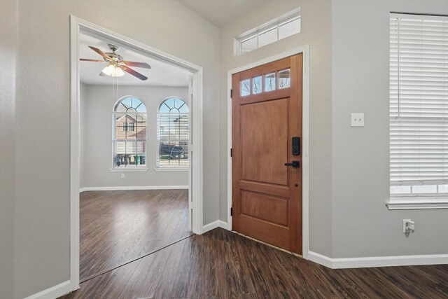 foyer with ceiling fan, baseboards, and dark wood finished floors