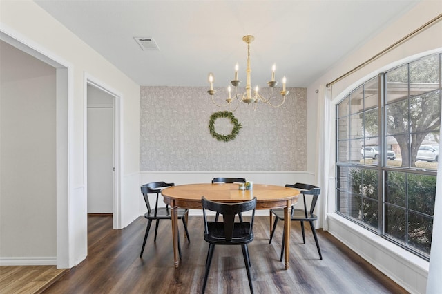 dining room featuring visible vents, dark wood-style flooring, wainscoting, and wallpapered walls