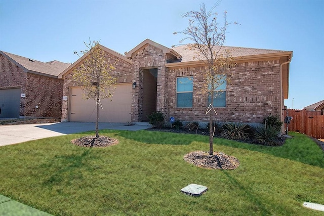 view of front of house with brick siding, driveway, an attached garage, and a front yard