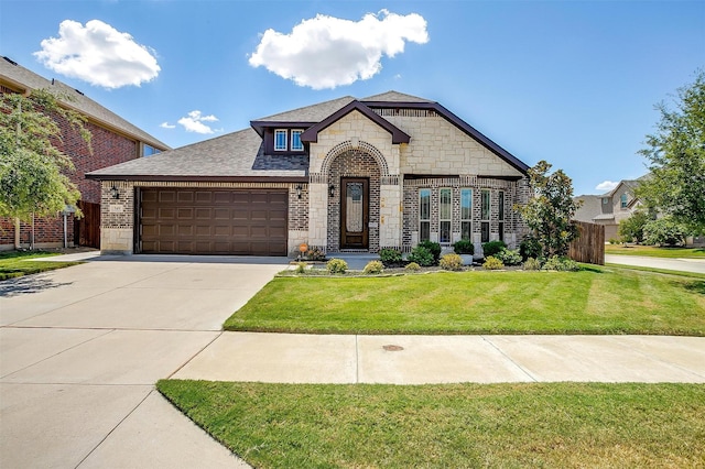 french country inspired facade featuring stone siding, concrete driveway, a front yard, and fence