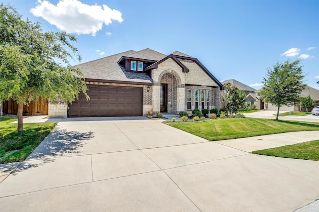 french country inspired facade with an attached garage, a shingled roof, a front lawn, stone siding, and driveway