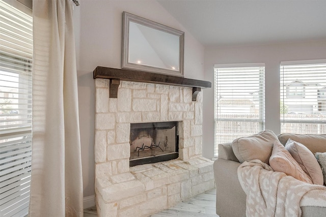 living room with a fireplace