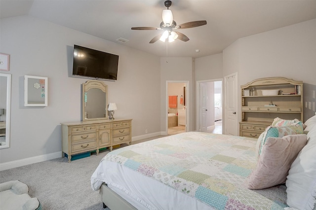 bedroom featuring a ceiling fan, baseboards, visible vents, and carpet floors