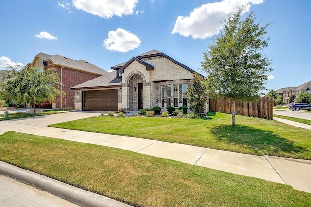 french provincial home with fence, an attached garage, concrete driveway, a front lawn, and stone siding