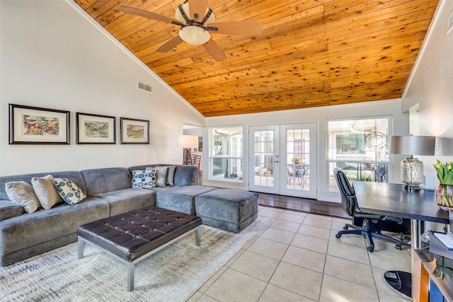 living area featuring light tile patterned flooring, high vaulted ceiling, french doors, visible vents, and wood ceiling