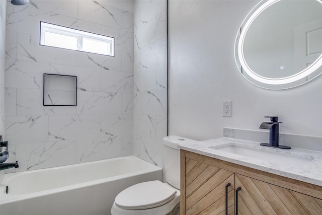 full bath featuring vanity, shower / tub combination, and toilet