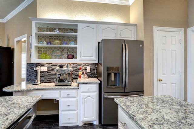 kitchen featuring open shelves, backsplash, appliances with stainless steel finishes, and ornamental molding