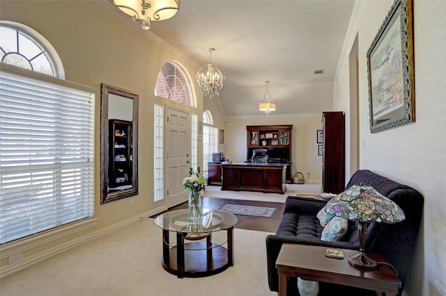 carpeted living area with visible vents, an inviting chandelier, baseboards, and lofted ceiling