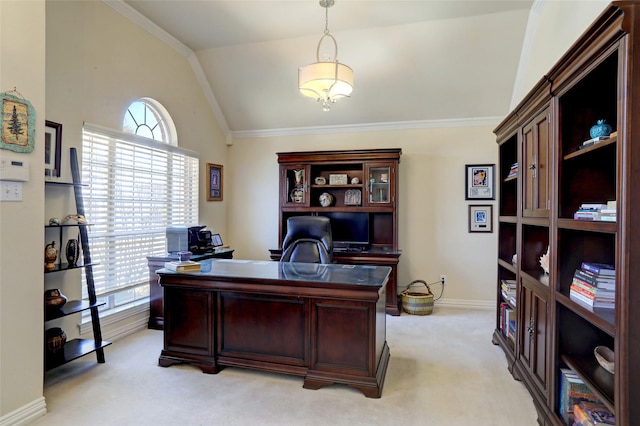 office space with vaulted ceiling, light colored carpet, baseboards, and ornamental molding