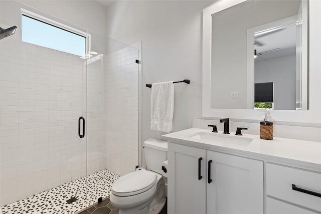 full bathroom with toilet, a shower stall, and vanity