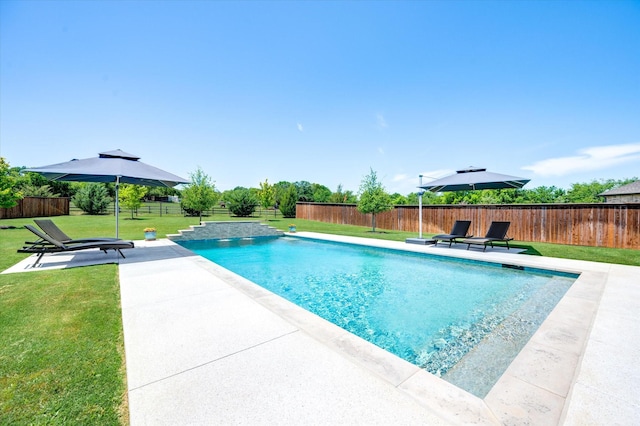 view of pool featuring a patio, a fenced in pool, a fenced backyard, and a yard