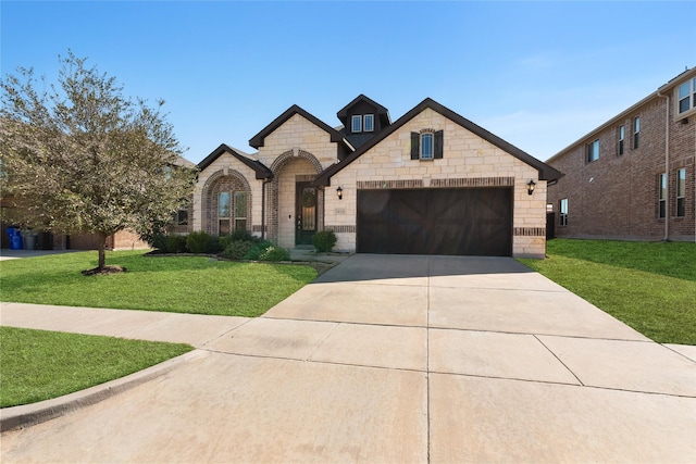 french country inspired facade featuring stone siding, a garage, driveway, and a front lawn