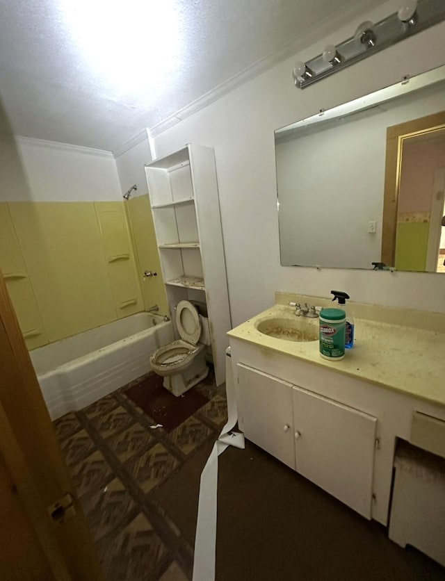 full bathroom with toilet, ornamental molding, vanity, and shower / tub combination