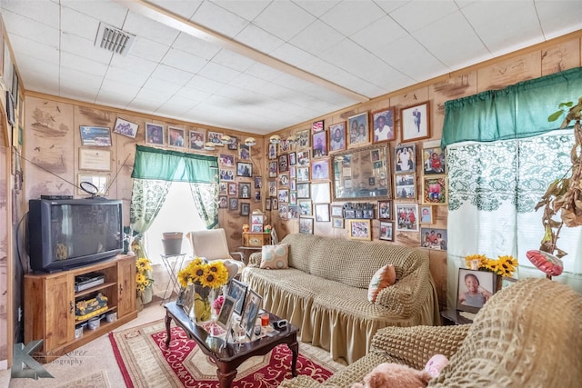 living area with visible vents and wooden walls