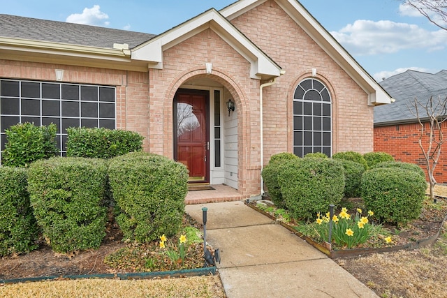 entrance to property with brick siding and a shingled roof