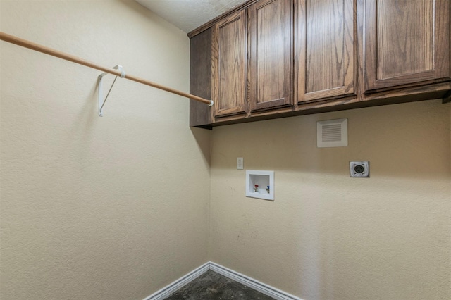 laundry room with baseboards, cabinet space, hookup for an electric dryer, and washer hookup