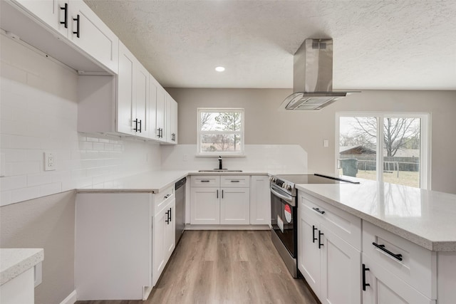 kitchen featuring a peninsula, a sink, appliances with stainless steel finishes, tasteful backsplash, and island range hood