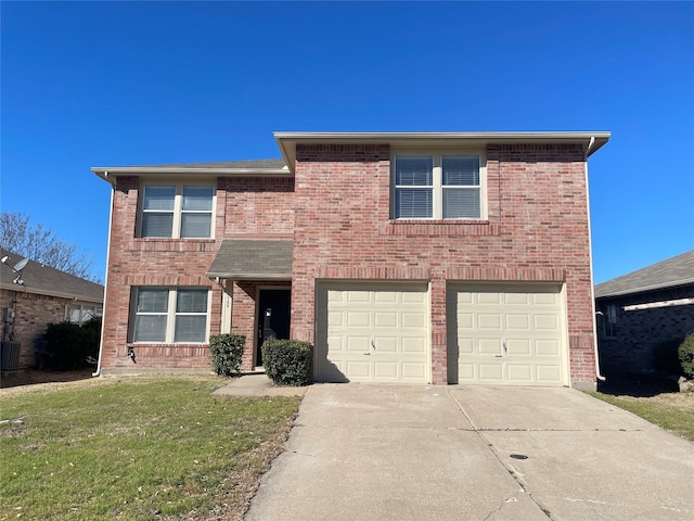 traditional-style home featuring brick siding, central air condition unit, concrete driveway, a front yard, and a garage