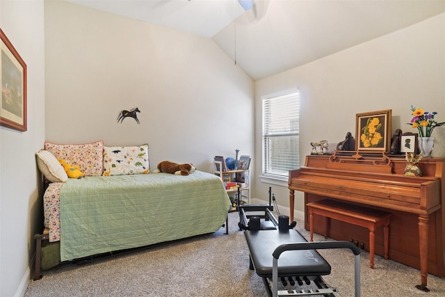 bedroom featuring baseboards, carpet, a ceiling fan, and vaulted ceiling