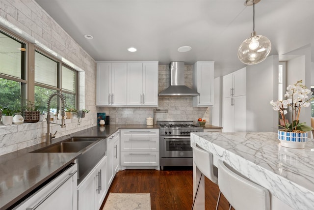 kitchen with tasteful backsplash, dark wood-type flooring, wall chimney range hood, dishwasher, and high end stainless steel range oven