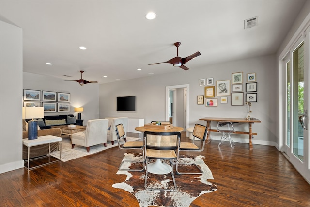 dining room featuring visible vents, recessed lighting, a ceiling fan, and wood finished floors