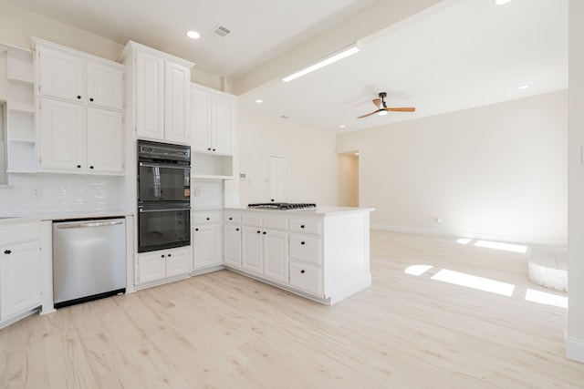 kitchen featuring open shelves, stainless steel appliances, backsplash, light wood-style flooring, and a peninsula