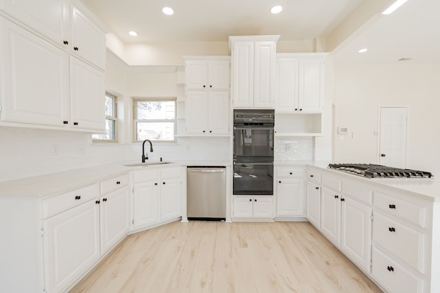 kitchen featuring light wood finished floors, a sink, stainless steel appliances, and open shelves