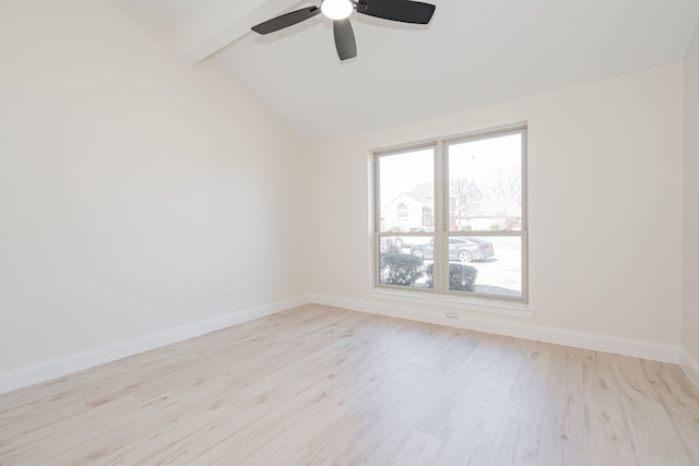 unfurnished room with baseboards, vaulted ceiling with beams, ceiling fan, and light wood-type flooring