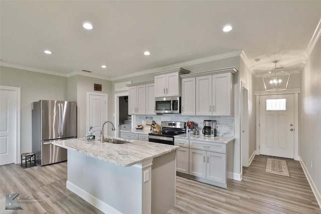 kitchen featuring light wood-type flooring, a center island with sink, a sink, stainless steel appliances, and decorative backsplash