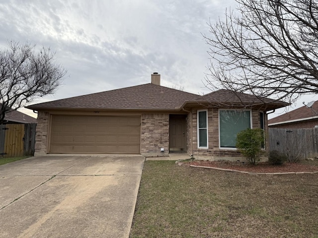 single story home with fence, a chimney, concrete driveway, a garage, and brick siding