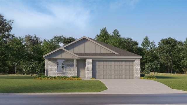 view of front of property featuring brick siding, board and batten siding, a front lawn, driveway, and an attached garage