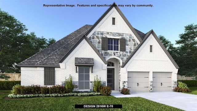 exterior space featuring concrete driveway, a garage, stone siding, and a front yard