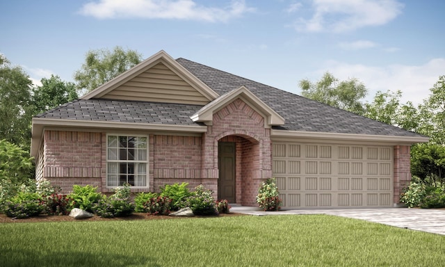 ranch-style house featuring roof with shingles, a front lawn, a garage, decorative driveway, and brick siding