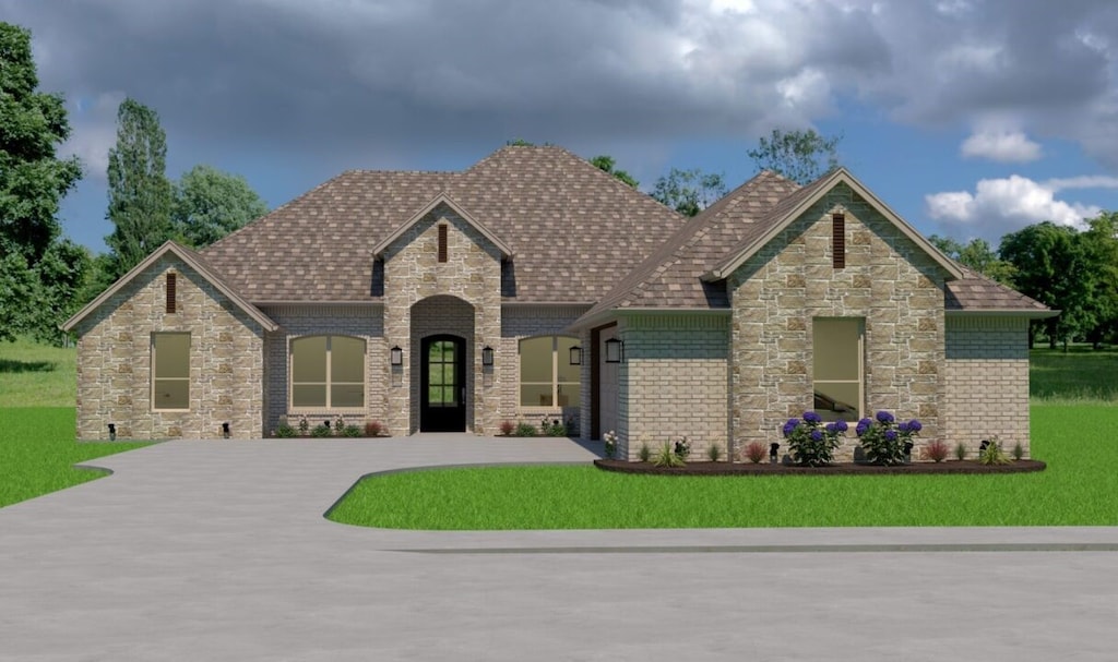 view of front of home with brick siding, concrete driveway, a front yard, and roof with shingles