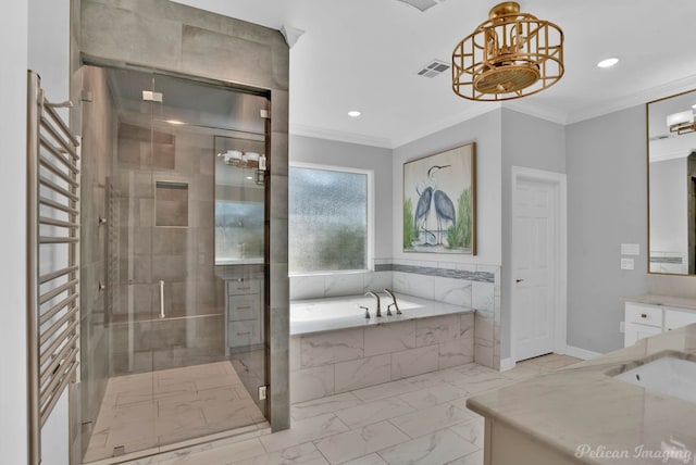 full bathroom with visible vents, marble finish floor, a shower stall, crown molding, and a bath