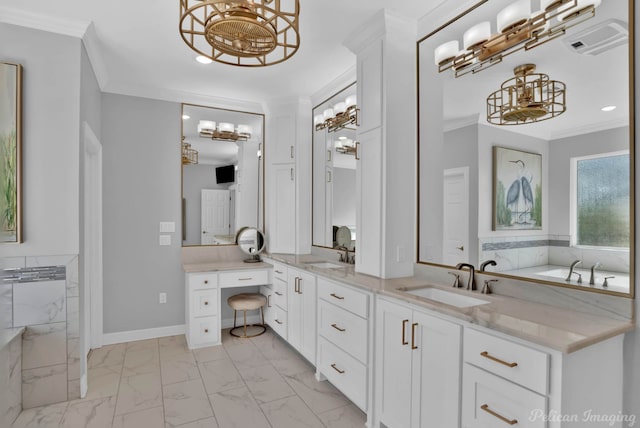 bathroom featuring visible vents, baseboards, ornamental molding, marble finish floor, and vanity