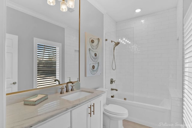 bathroom featuring vanity, toilet, shower / tub combination, crown molding, and a notable chandelier