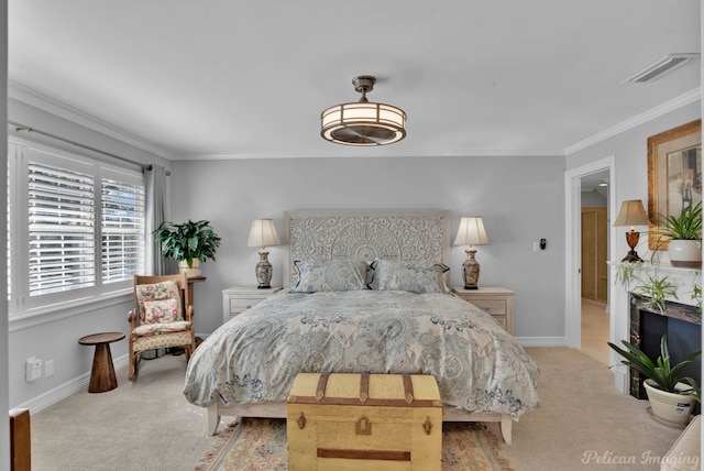 bedroom featuring visible vents, light carpet, baseboards, and crown molding