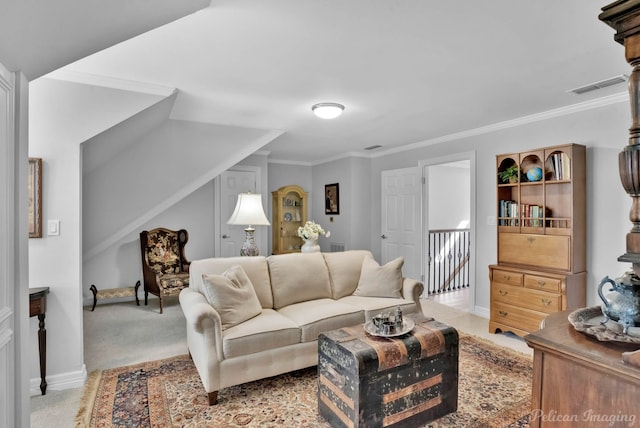 living room with visible vents, light colored carpet, baseboards, and ornamental molding