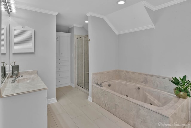 full bath featuring a whirlpool tub, a stall shower, and ornamental molding