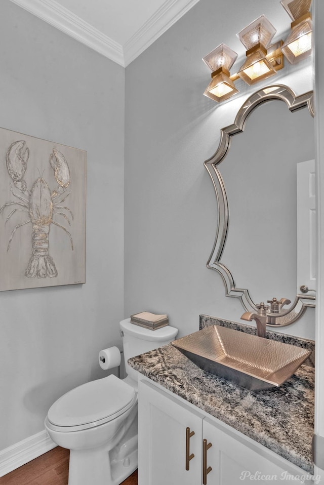 bathroom with vanity, wood finished floors, baseboards, crown molding, and toilet