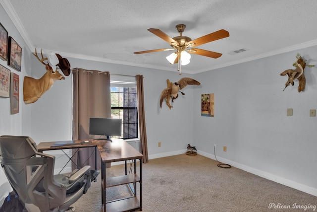 office with visible vents, carpet, crown molding, and a textured ceiling