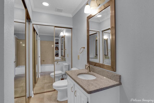 bathroom with tile patterned flooring, visible vents, toilet, ornamental molding, and vanity