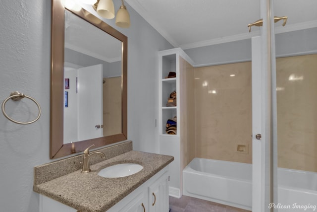 full bathroom with a bath, vanity, and crown molding