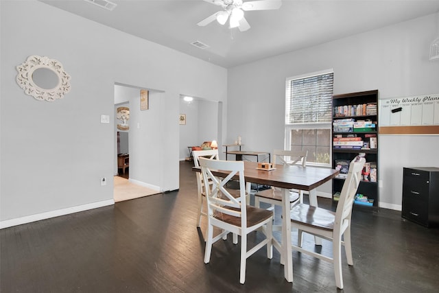 dining room featuring visible vents, baseboards, wood finished floors, and a ceiling fan