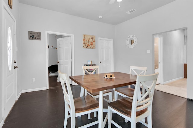 dining space featuring ceiling fan, wood finished floors, visible vents, and baseboards