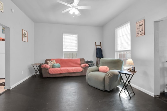 living room with baseboards, a healthy amount of sunlight, and wood finished floors