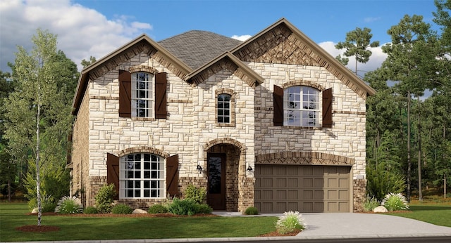 french country home featuring brick siding, an attached garage, concrete driveway, and a front yard